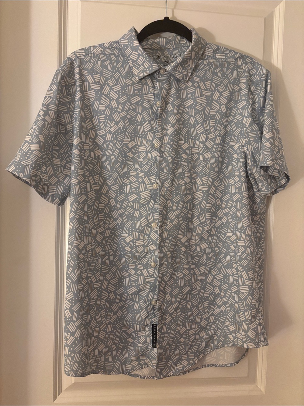 Perry Ellis Light Blue Button-Down with White Geometric Print
